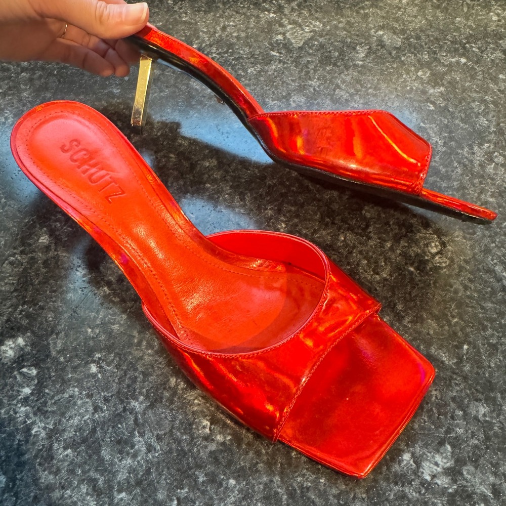 Schutz Red Metallic Leather Square Toe Mule Gold Stiletto‎ Heel Sandals 7.5B - Picture 9 of 9